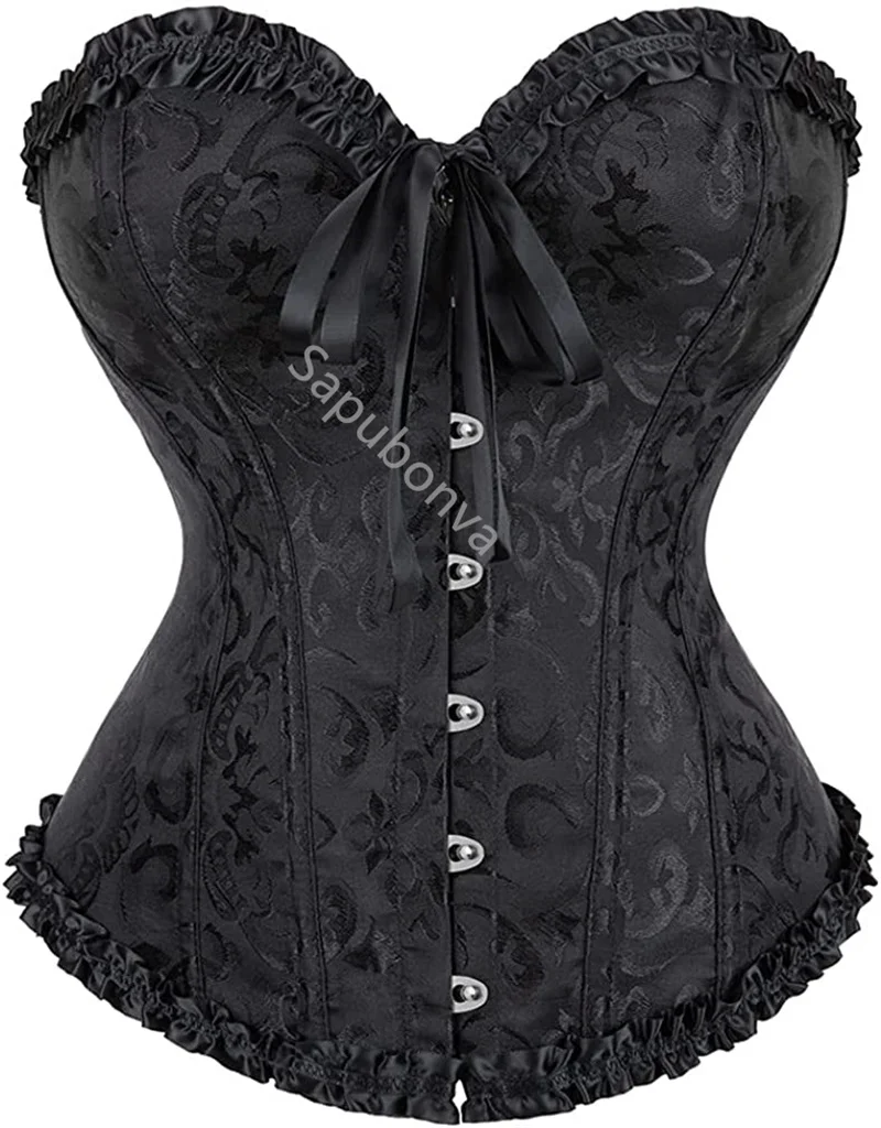 Sapubonva Corset Plus Size Women Bustiers Top Sexy White Black Green Vintage Flower Print Lingerie Corselet Lace Korsett Black