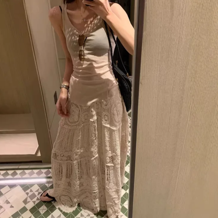 New Hollow Crochet Knit See-Through Midi Skirt, A-Line Flared Lace Trim Skirt
