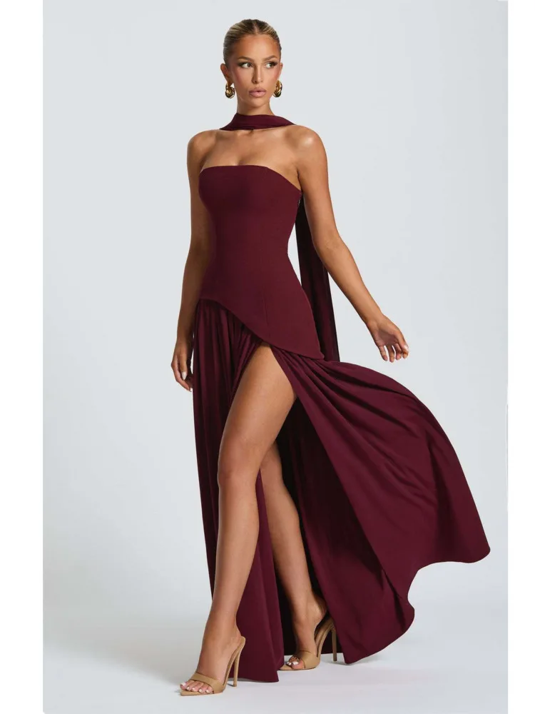 Articat élégant bretelles serré plissé fente fête robe de soirée femmes Sexy sans manches dos nu écharpe ruban été nouveau Vestido