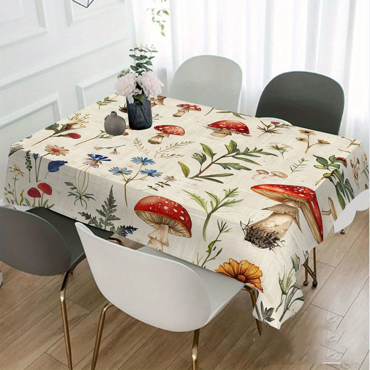 Whimsical Floral & Mushroom Design Square Tablecloth - Durable Polyester Machine- Decorative Cover for Dining & Coffee Tables