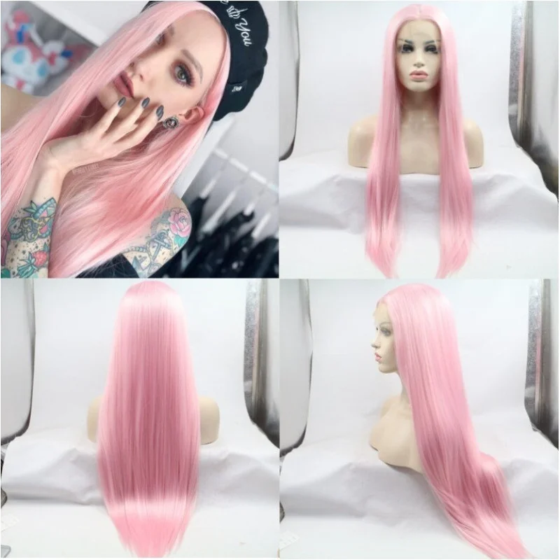 

Ladies Wig Long Straight Wig Front Lace Wig Pink Women Hair Wig+Wig Cap