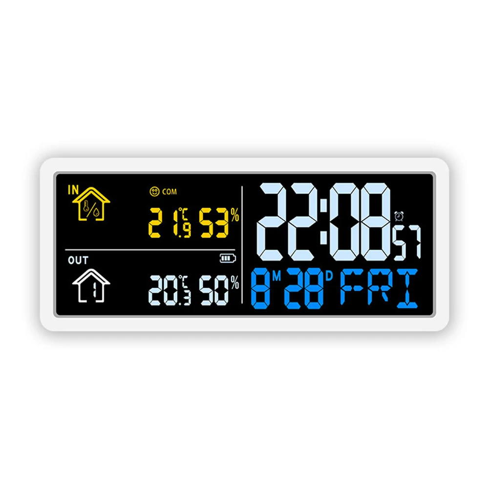 Clock with Integrated Outdoor Sensor for Indoor Outdoor Temperature Humidity Time Date and Day Display on Single Screen