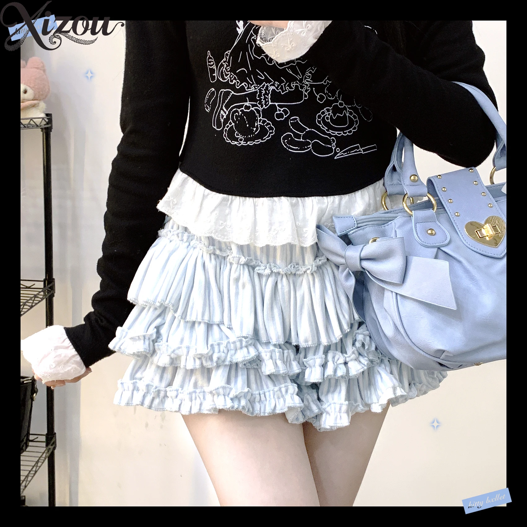 2025 سلسلة الألغام اليابانية مجموعة مخططة الطبية مقنعين زمم البلوز كعكة تنورة JK تأثيري آذان أرنب Y2K الزي الحلو الصيف #6