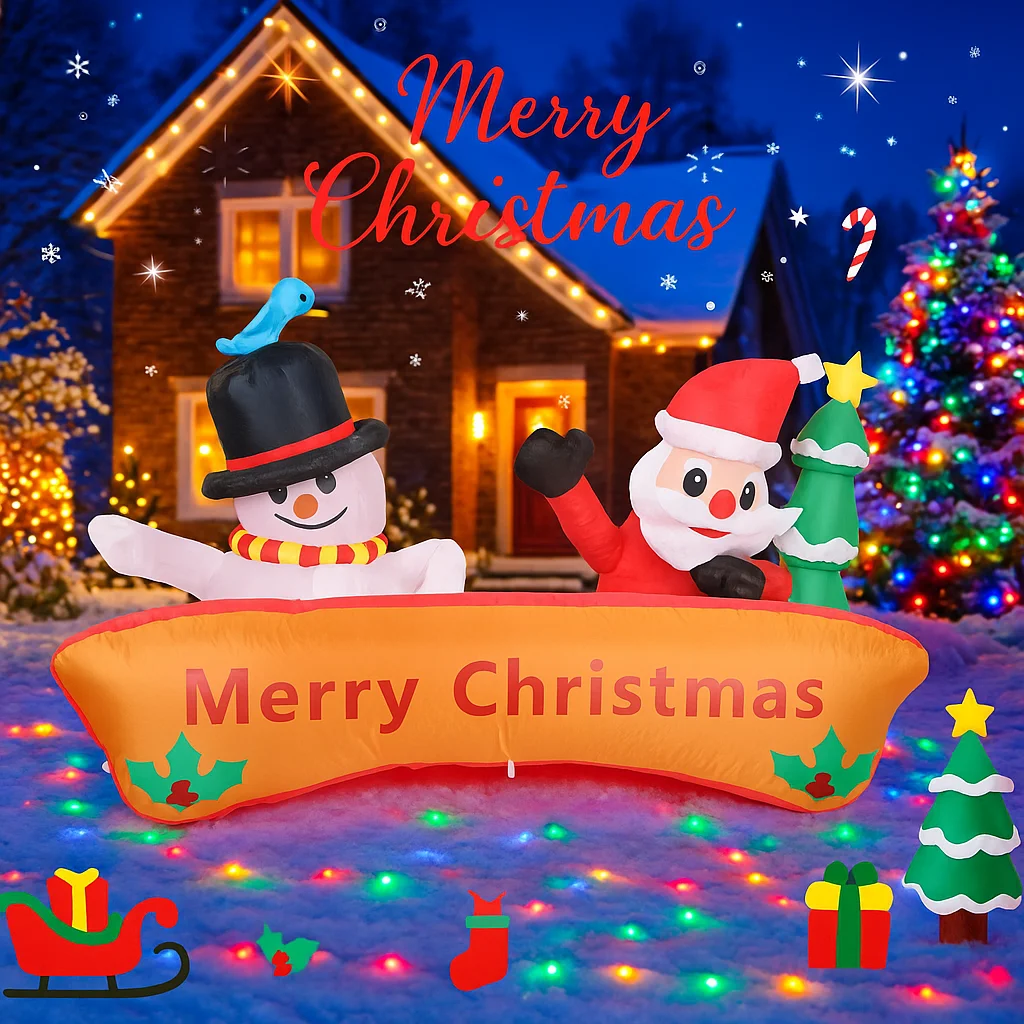 5.91FT Xmas Holiday Ornaments Snowman Santa Claus with Banner Inflatable Yard Decorations Christmas Toy Supplies Home Decor Gift