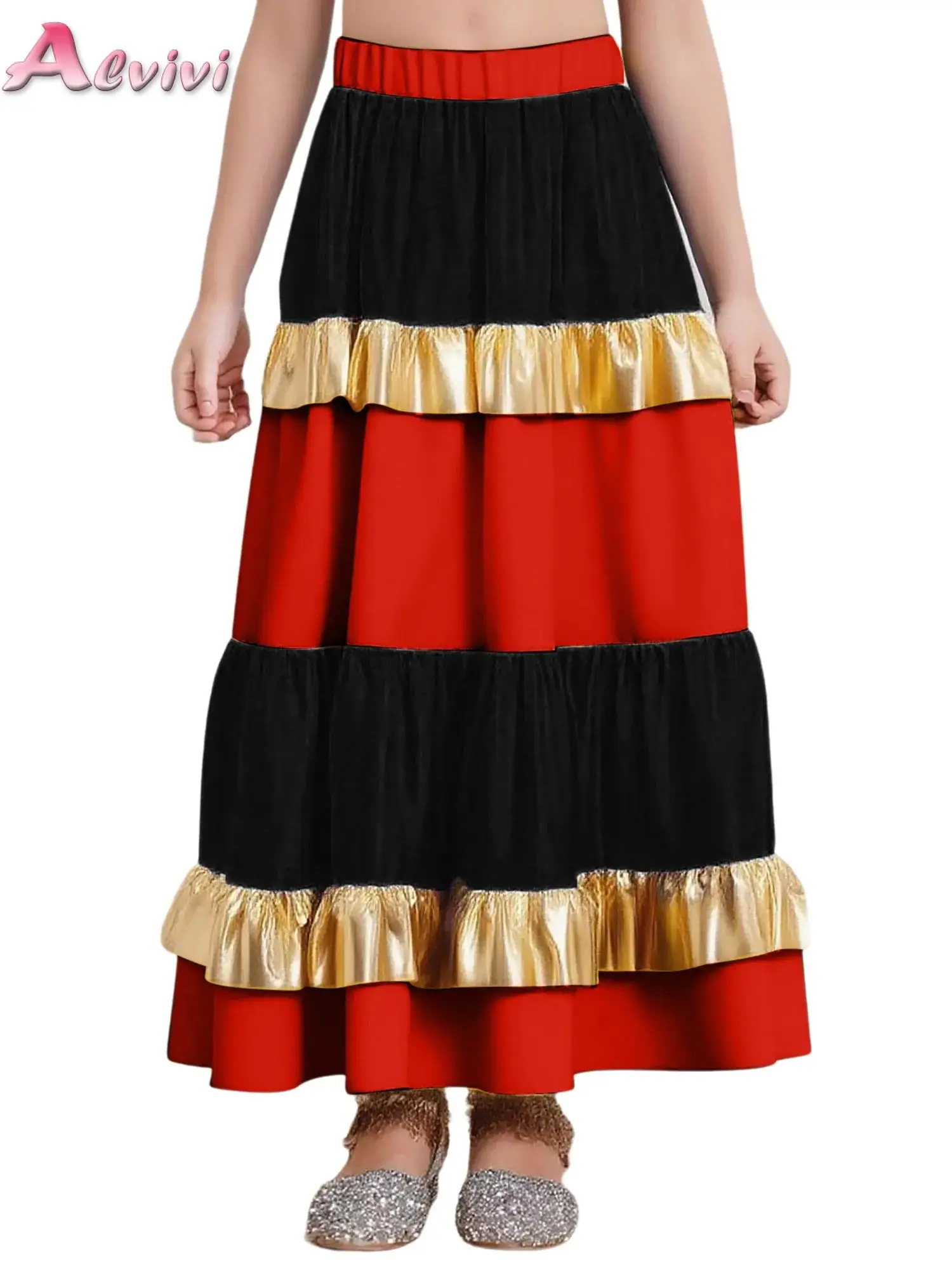 

Kids Girls Waltz Flamenco Dance Maxi Skirt Tiered Ruffled Satiny Metallic Shiny Big Swing Skirt for Spanish Flamenco Dance