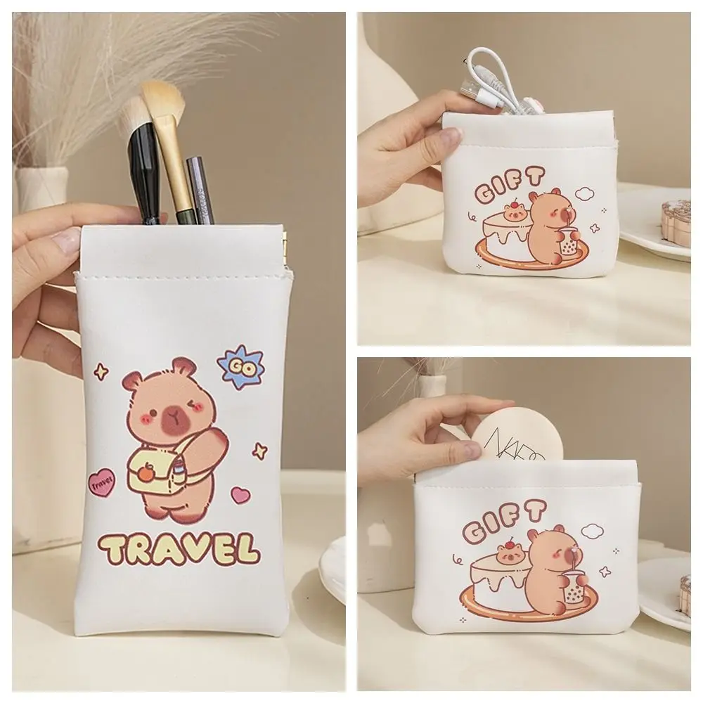 3pcs/set Pu Leather Self-closing Coin Purse Kawaii Pig Lipstick Storage Bag Capybara Earphone Bag Makeup Bag Travel