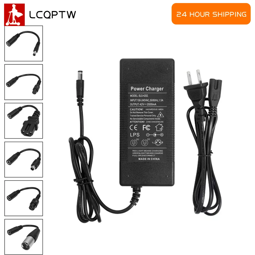 Power Adapter AC 100-240V Black DC 42V 2A Electric Scooter Accessories US/ EU/ UK Plug with 6 Adapter for 24-36v Lithium Battery