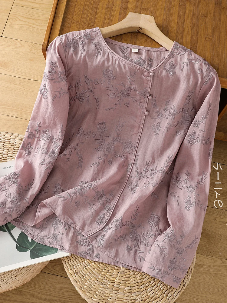 Ele Heavy Embroidery Cotton Linen irt Women's Spring Summer New Chinese Sle National Faion Button up Top