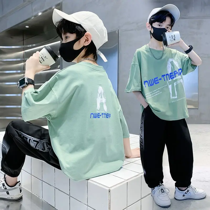 2024 summer Teenager Boys Clothes Casual Kids Tracksuit Child t shirt + Ankle-tied long pant 4 5 6 7 8 9 10 12 11 13 14 Year