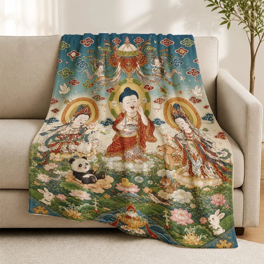 Luxurious Asian Buddha Goddess Panda Throw Blanket Tapestry Sofa Decor Art Print Living Room Mythology Home Accessory
