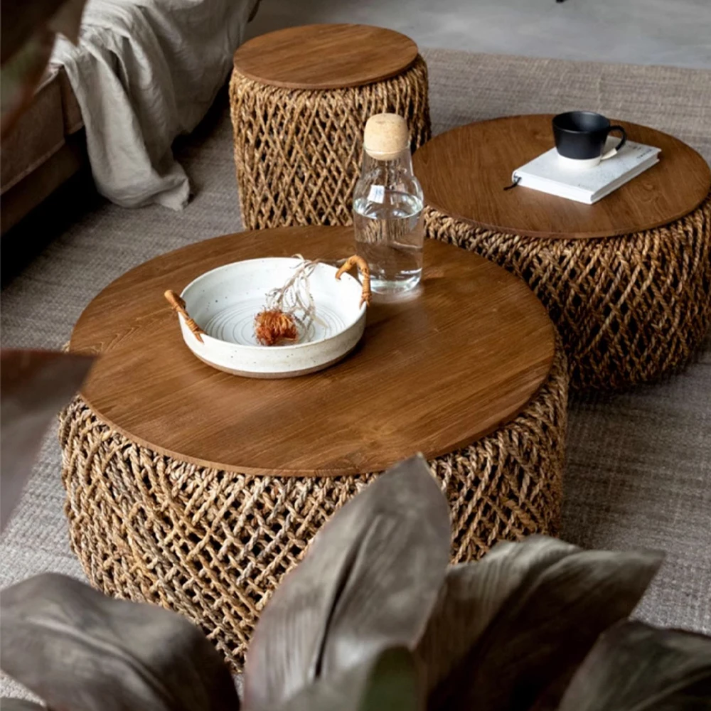 Teak Furniture Rattan Weaving Round Stowable Living Room Home Use Southeast Asian Style Coffee Table Couchtisch Home Furniture