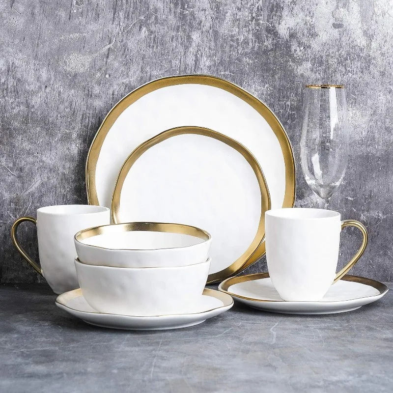 Modern Poreclain 16 Piece Dinnerware Set, Plates and Bowls Set, Dish set for 4, White And Golden Rim