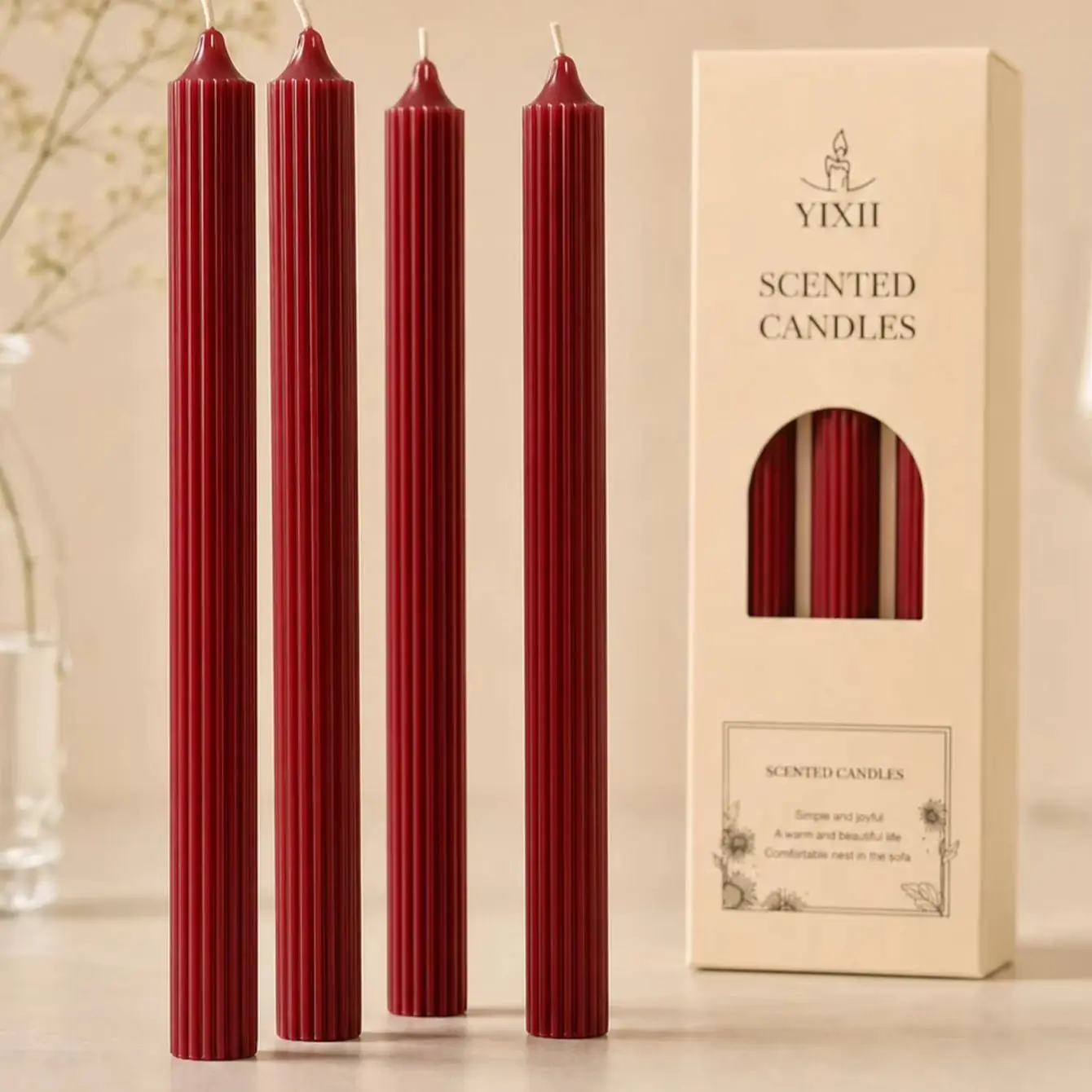 4pcs 25cm Wine Red Aromatherapy Candle Set, Made from Soy Wax, Smoke-Free with Aromatic Fragrance, Burn for 4 Hours, I