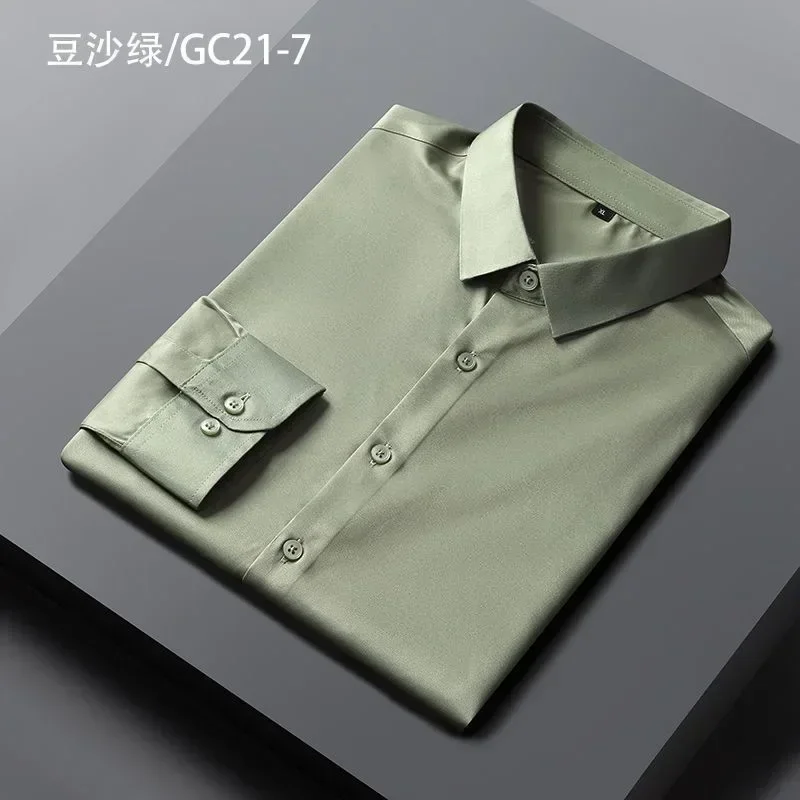 

T191Bean paste green high-end ice silk shirt men's long-sleeved work clothes no-iron anti-wrinkle groom's wear