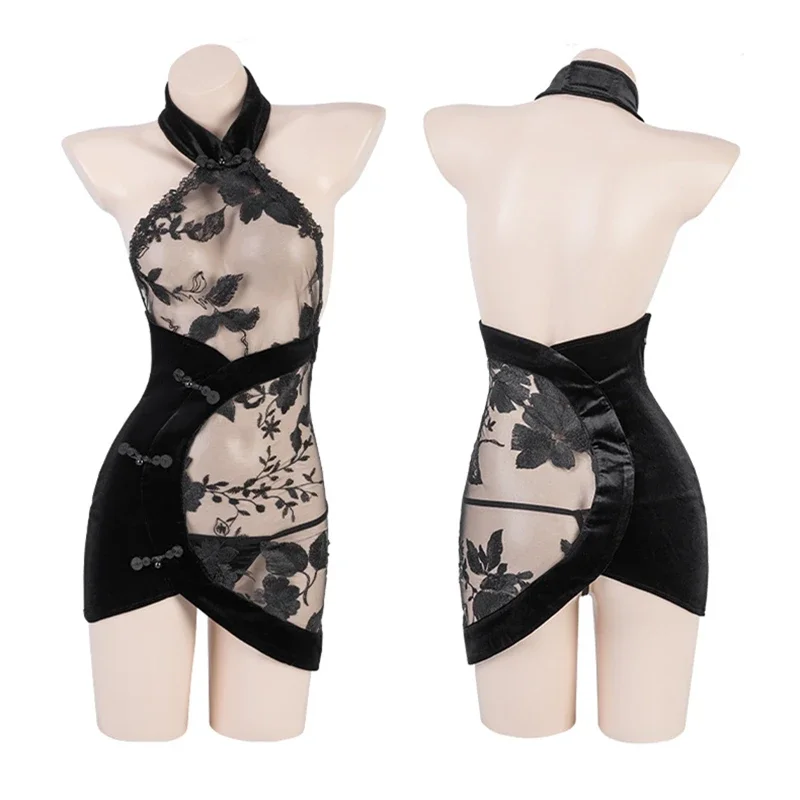 Chinese Traditionele Cheongsam Mini-Jurk Vrouwen Kant Doorzichtige Borduurwerk Rugloze Halter Qipao Sexy Lingerie Elegante Kleding