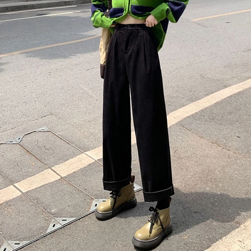 Vintage Corduroy Pants High Waist Spring coffee Straight Trousers Causal Pockets All Match Female Black Korean Pants