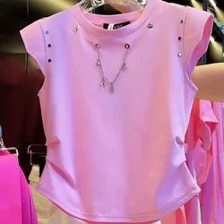 French fashion pink short-sleeved T-shirt female summer new temperament rivet chain accessories pleated waist round neck shirt