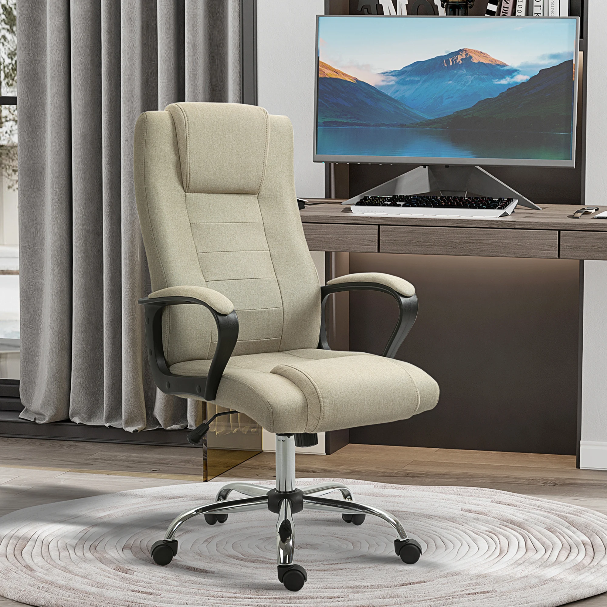 Chaise de bureau Vinsetto, chaise de bureau ergonomique avec accoudoirs, réglable en hauteur, chaise pivotante en lin optique, chaise d'ordinateur rembourrée, beige