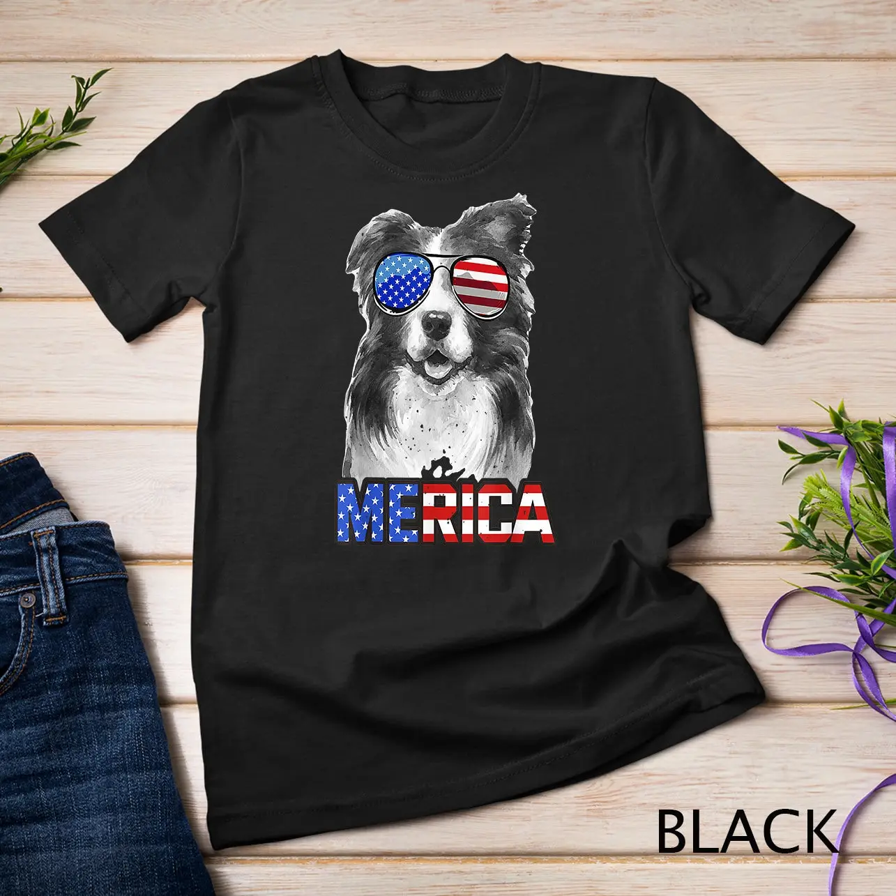 Merica Patriotic Border Collie Dog 4Th July American T Shirt Sweat