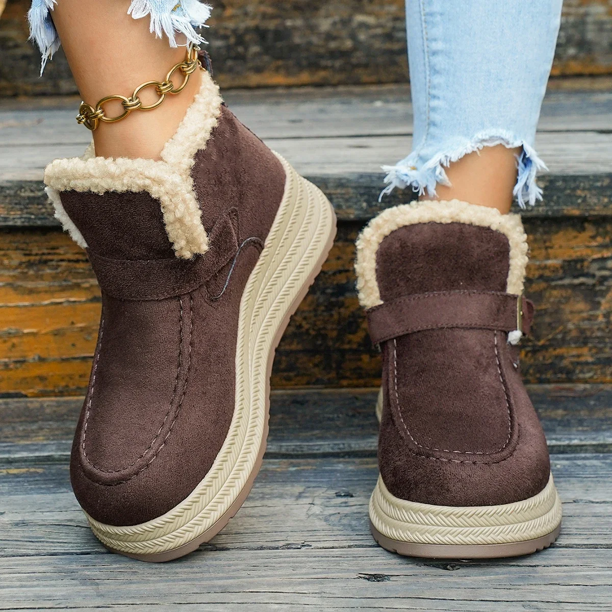 Winter Damen Einfarbige Vintage Bequeme Dicksohlige Keilabsatz-Schneestiefel Neue Damen Warme Lässige Modische Stiefel – Detail 4