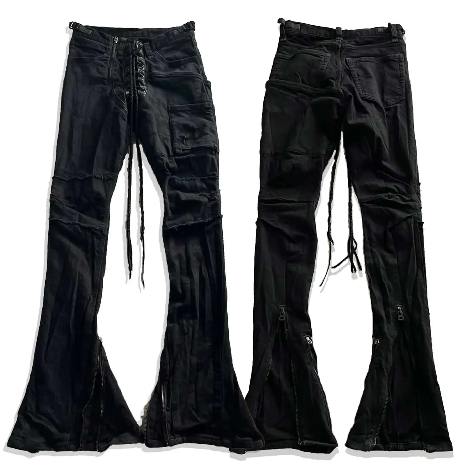 Slim Fit Micro Flare Jeans with Belt Vintage Visual Series SBCM9 Waxing System Independent Design mid Waist Zipper Decoration