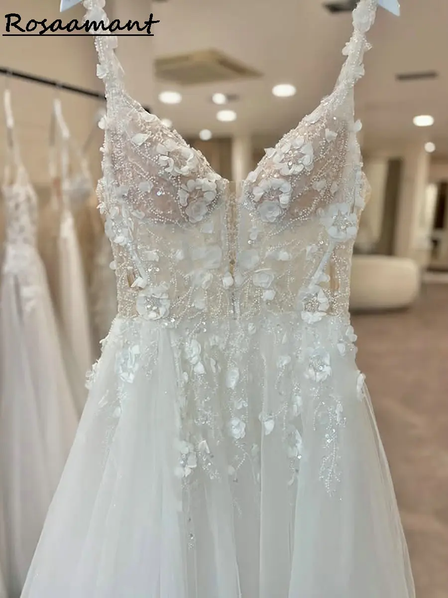 أحدث الوهم 3D الأزهار الدانتيل ألف خط فساتين الزفاف السباغيتي الأشرطة أكمام أثواب الزفاف البلد