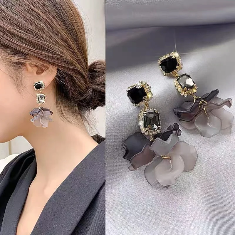 925 silver pin retro palace irregular acrylic crystal black rose petal earrings Mesh red bump color earrings