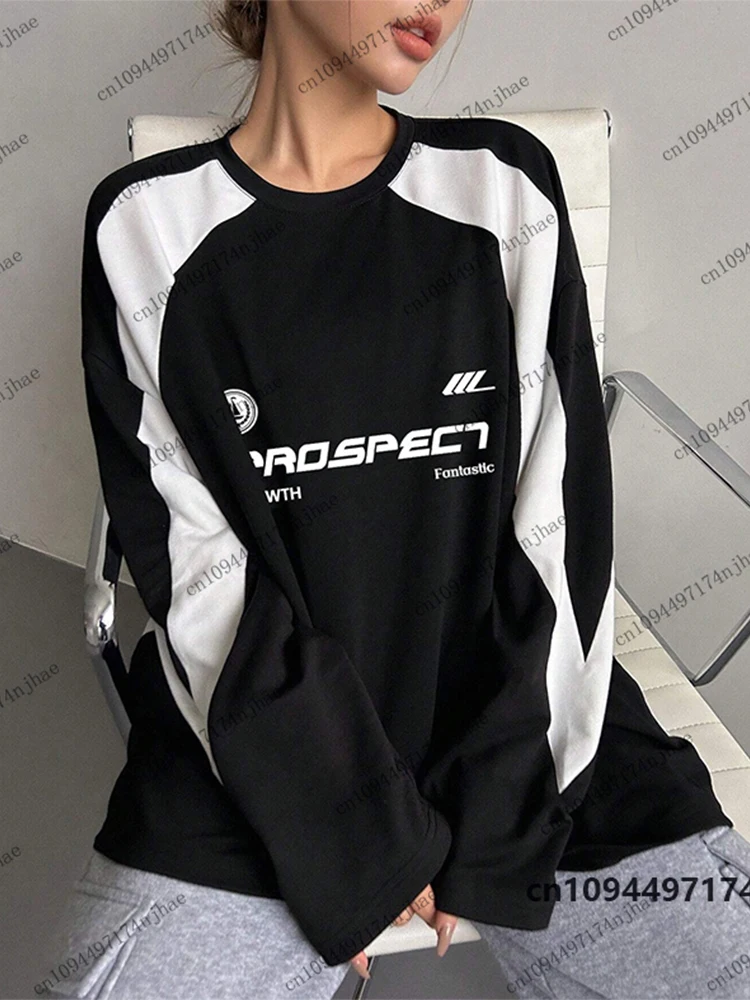 2026 New Fashion Vintage Patchwork Print Long Sleeve T-Shirt For Women Autumn Casual Sweatshirts Sports Pullover Oversized Tops