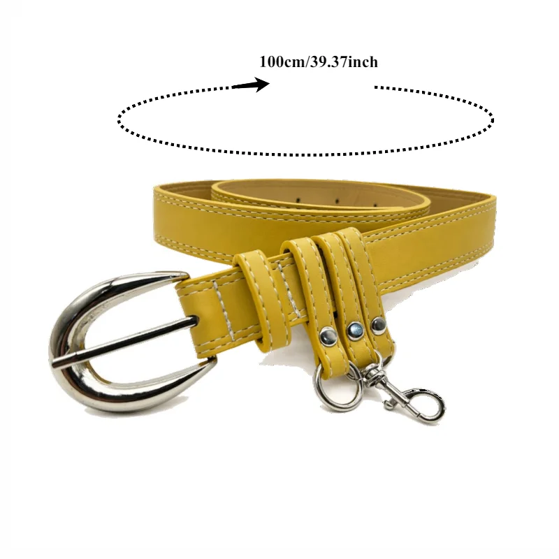 Fashionable Thin Leather Belt with White Stitching—Color-Blocked Design Small Multi-Ring Charms Versatile Women’s Belts