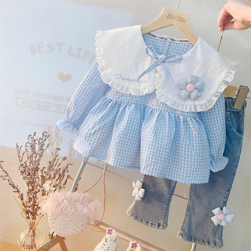 Baby Girls Clothing Sets 2022 Autumn Kids Outfits Toddler Infant Lace Floral Tops Jeans 2 Pcs Suit Children Princess Clothes