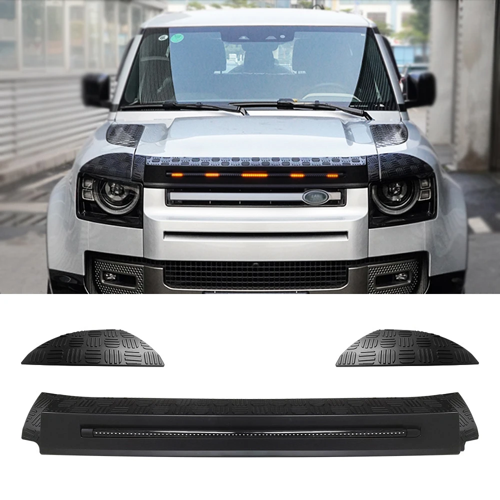 

Black Front Bug Shield Hood Deflector Guard Car Bonnet Plastic Cover Protector With LED Light for 2020 Land Rover Defend