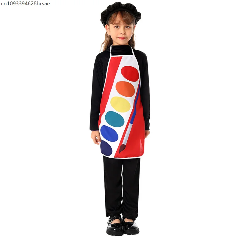 幼児女の子水彩ペイントパレットプリントエプロンベレー帽衣装子供アーティスト画家ドレスアップハロウィンコスチューム子供用