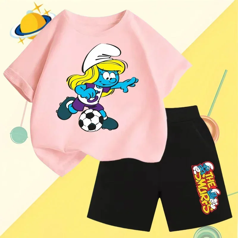 Coppa europea Smurfs bambini Cartoon t-shirt set Anime Print sport pantaloncini manica corta ragazzi camicia casual ragazze Kawaii 2 pezzi set