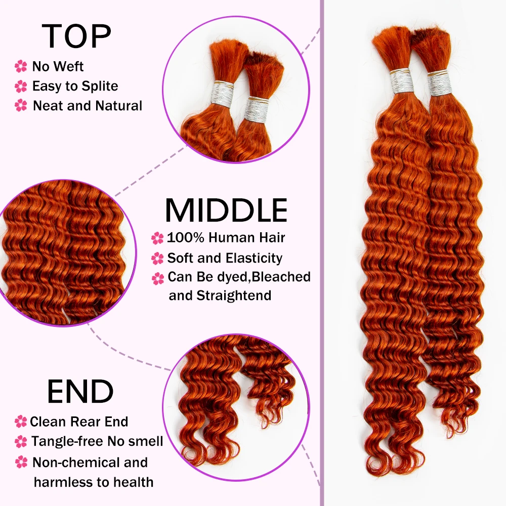 26 28 Inch Deep Wave Ginger Orange Hair Bulk Brazilian No Weft 100% Human Hair Bundle for Boho Braids Extensions for Black Woman