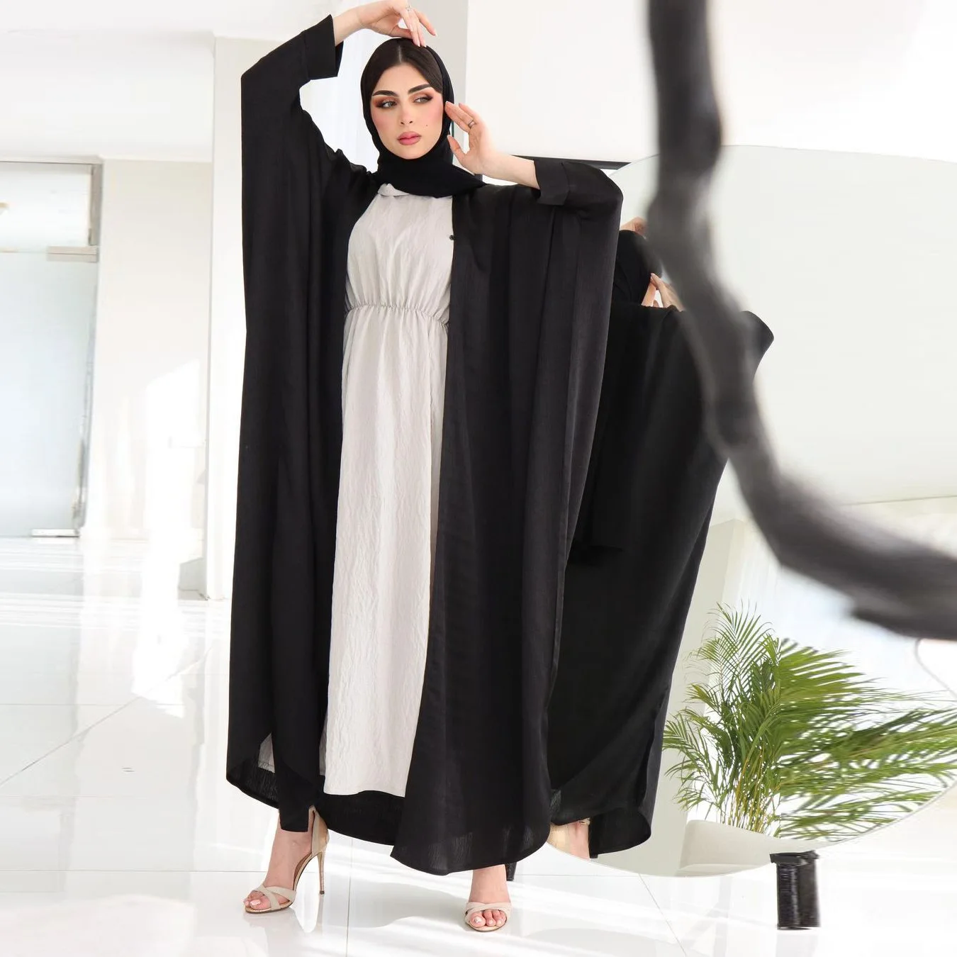 Bat Sleeve Modest Kaftan Black Navy Advanced Fashion Muslim Dubai Arab Party Abaya Cardigan Robe Corban Eid Woman Long Robe