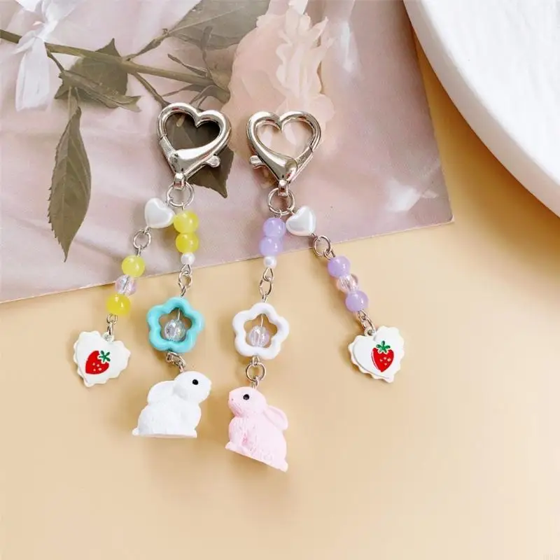 D0UF Fashionable Strawberry Rabbits Themed Sturdy Acrylic Phone Charm Elegant Designs for Stylish Accessory Attachment