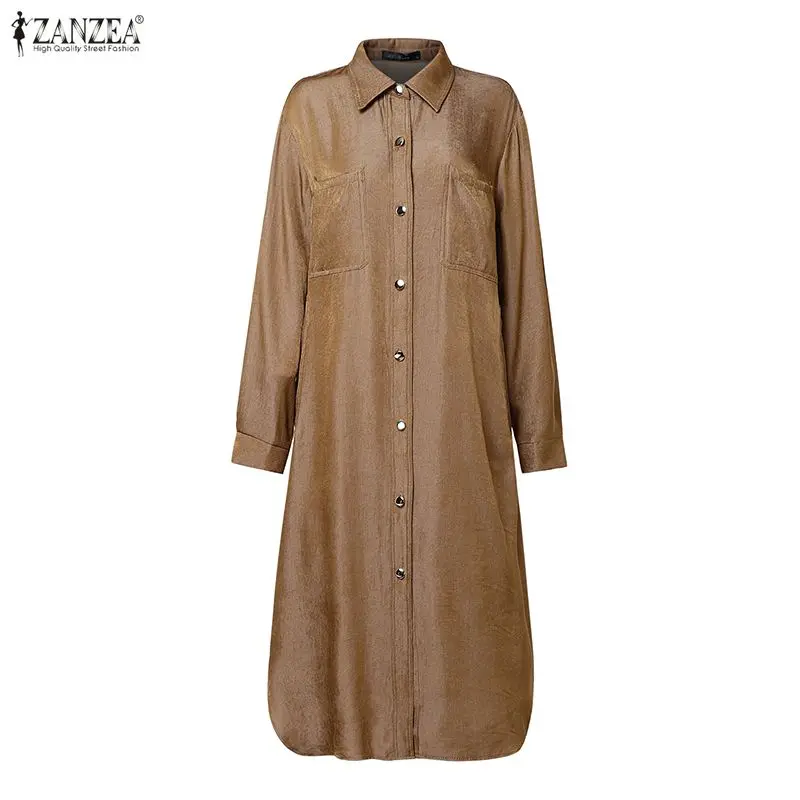 المرأة طويلة الأكمام قميص فستان 2026 الربيع نمط غير رسمي الياقات زر حتى جيوب الدنيم مثل فساتين متوسطة الطول ZANZEA ملابس امرأة #5