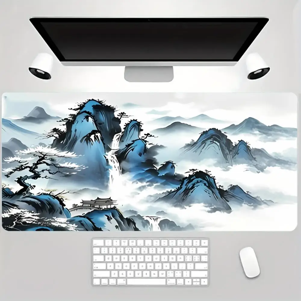 Oriental Ink Wash Landscape Desk Mat, Large Non‑Slip Rubber Extended Mouse Pad, Chinese Mountain Scenery Art Keyboard Pad