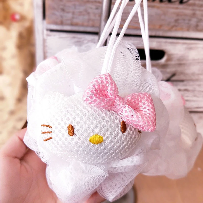 Sanrio New Cute White Hello Kitty Bath Flower Pink My Melody Shower Ball Large Girl Bathing  Back Rubbing Kawaii Cartoon Doll image 4