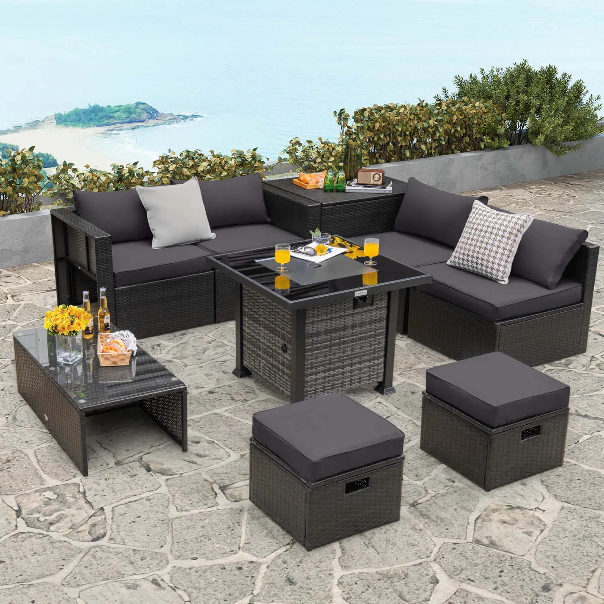 9 Pieces Patio Furniture Set with 50,000 BTU Propane Fire Pit Table Gray