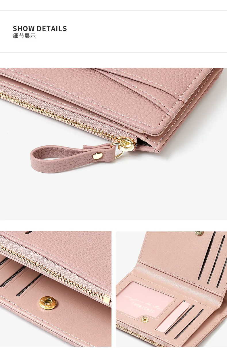 LadiesCompact Short Wallet Japanese Lychee Pattern Fashion Cross-Border Single Zipper Card Holder Silver Purse