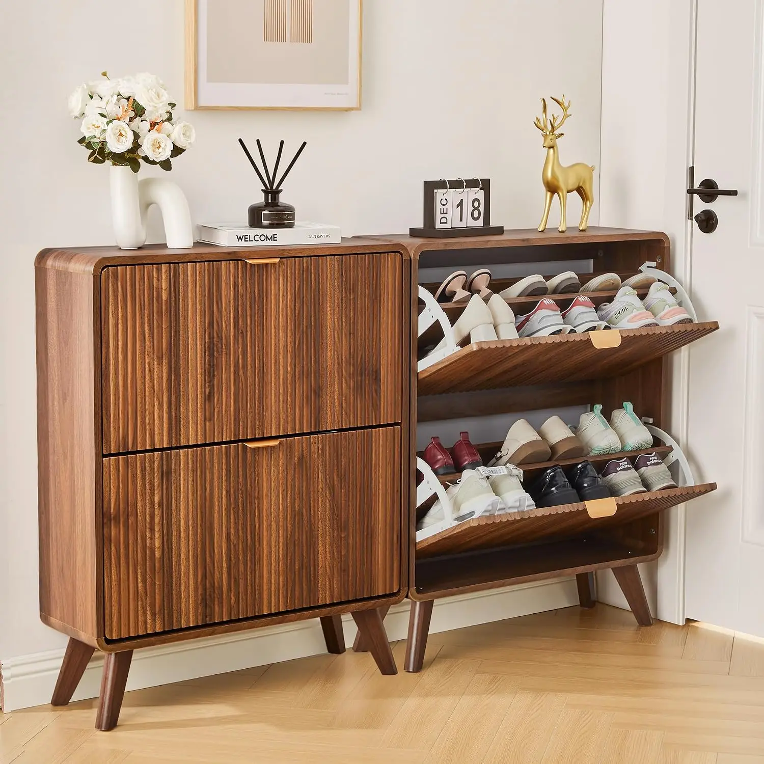 Narrow Curved Shoe Storage Cabinet with 2 Flip Drawers, Slim Shoe Rack Organizer for Foyer, Hallway, Fits Size 11 Shoes