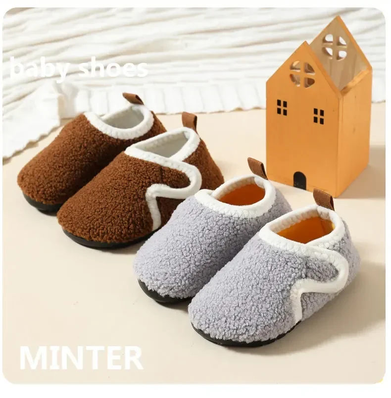 Kinder-Baumwollpantoffeln Einfarbige Warme Winter-Hausschuhe für Jungen und Mädchen Plüsch-Bodenschuhe Indoor Weiche Sohle Rutschfeste Baumwollschuhe – Detail 3