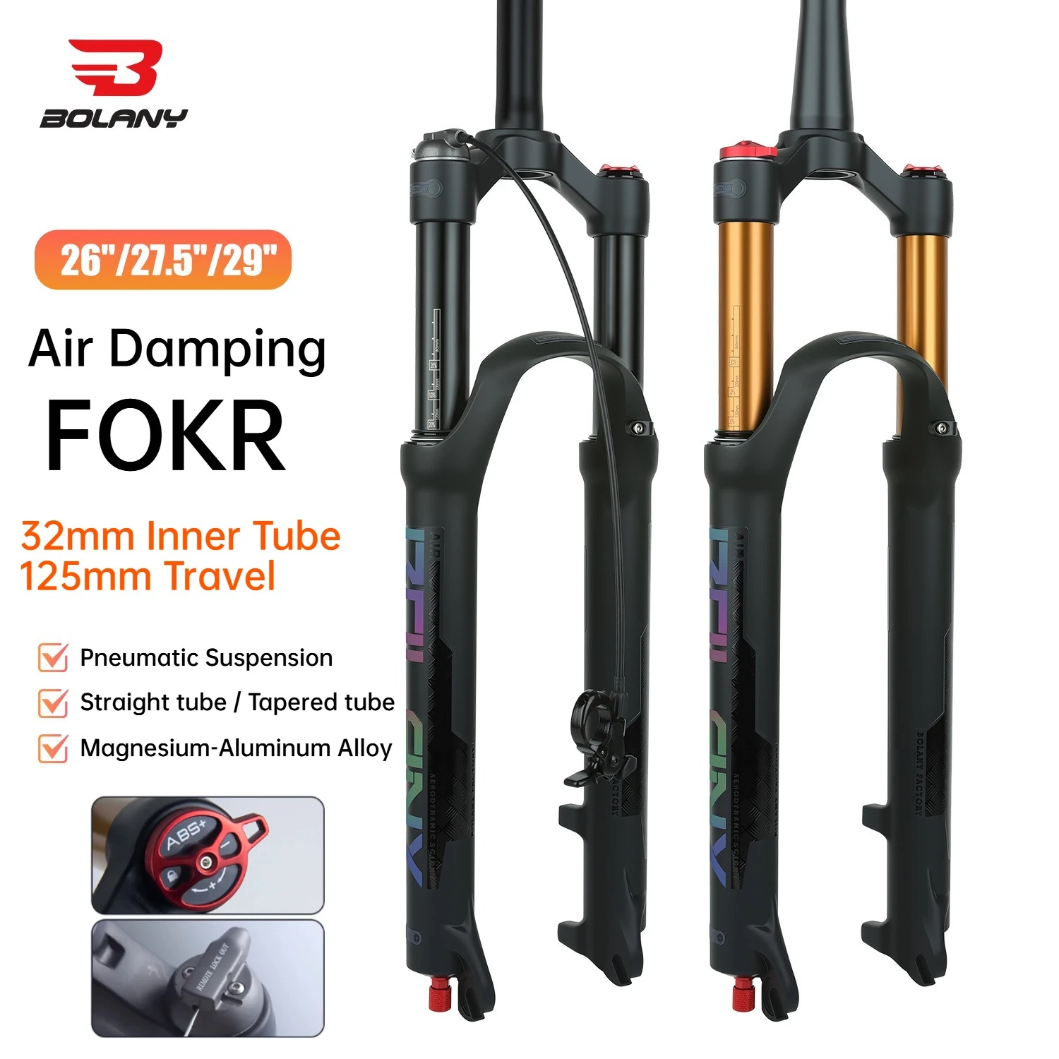 BOLANY MTB Bike Fork Pneumatic Suspension 26/27.5/29 Inch 120mm Travel 32MM Stanchion Quick Release Fork Bicycle Accessories