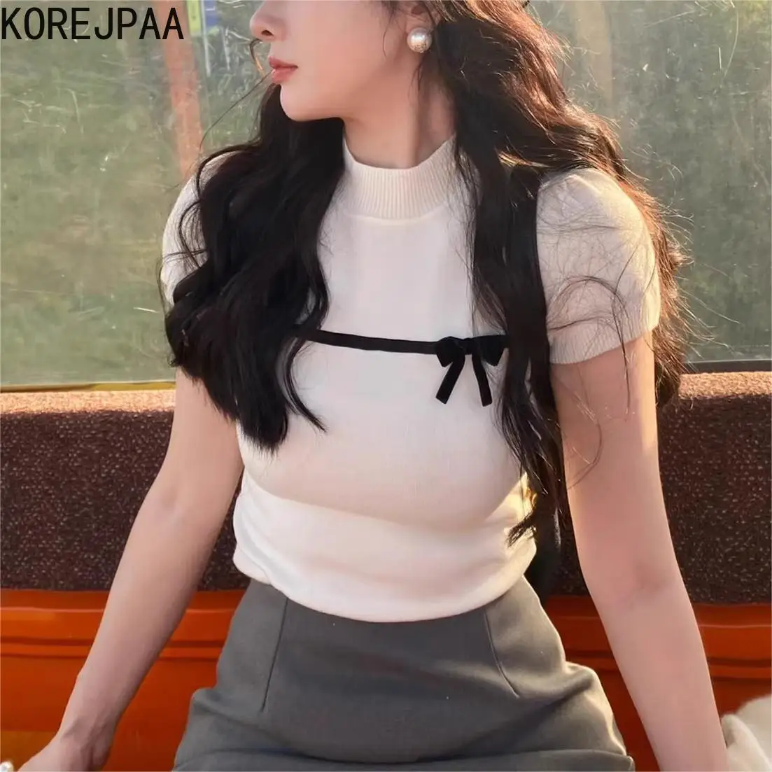 Korejpaa Bow Women T Shirt 2024 Summer Slimming Half High Collar Puff Short Sleeve Top Outwear Casual Korean Style Short Tees