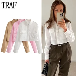 TRAF Cropped White Shirt Women Pockets Button Up Shirt Woman Oversized Shirts and Blouses for Women Long Sleeve Crop Top Female