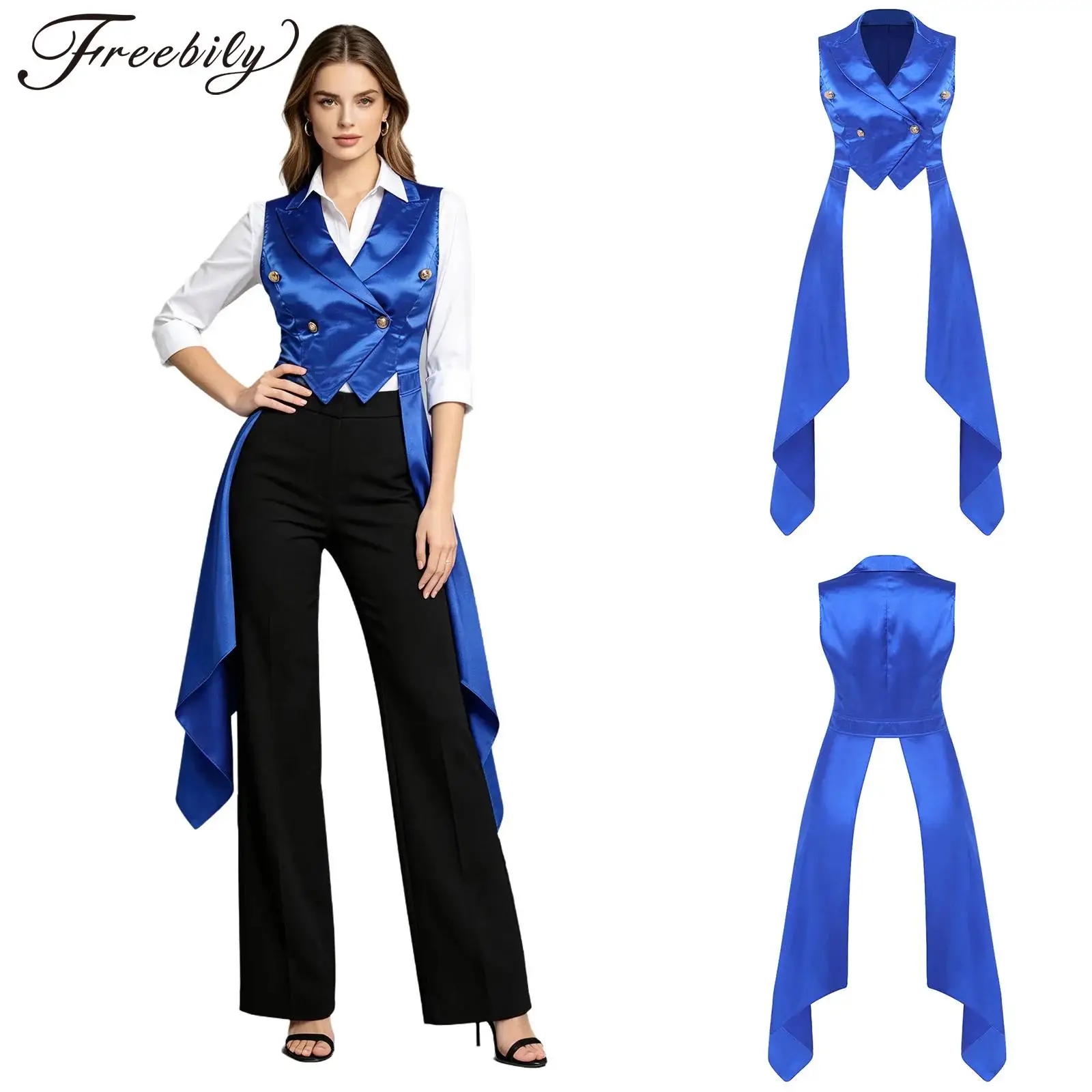 Women's Sleeveless Vests Satin Renaissance Victorian Costume Femme Tuxedo Waistcoat Vest Tailcoat Top Halloween Gothic Outfit