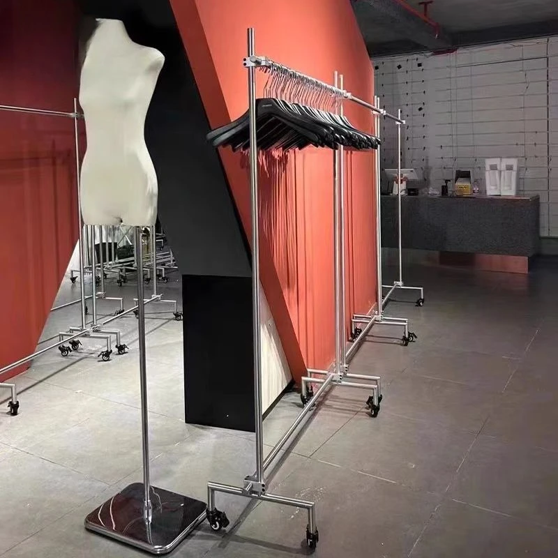 

Women's clothing store mirror stainless steel mobile middle island rack floor hanger