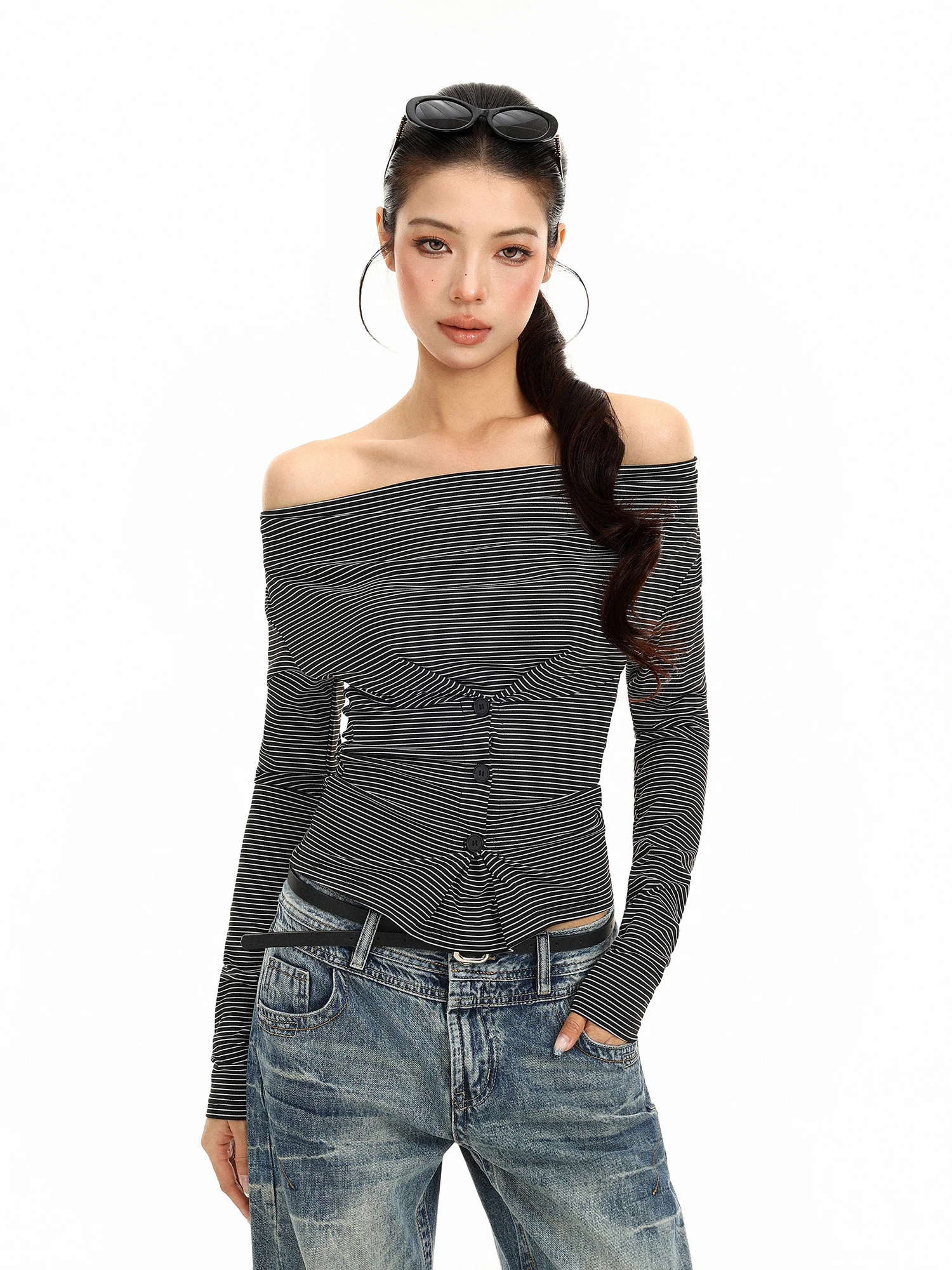 Biggold Shoulder-One Long Sleeve Women's T-shirt Slim Fit Short Style Belly Show Base Shirt Autumn Daily Wear Breathable Skin...