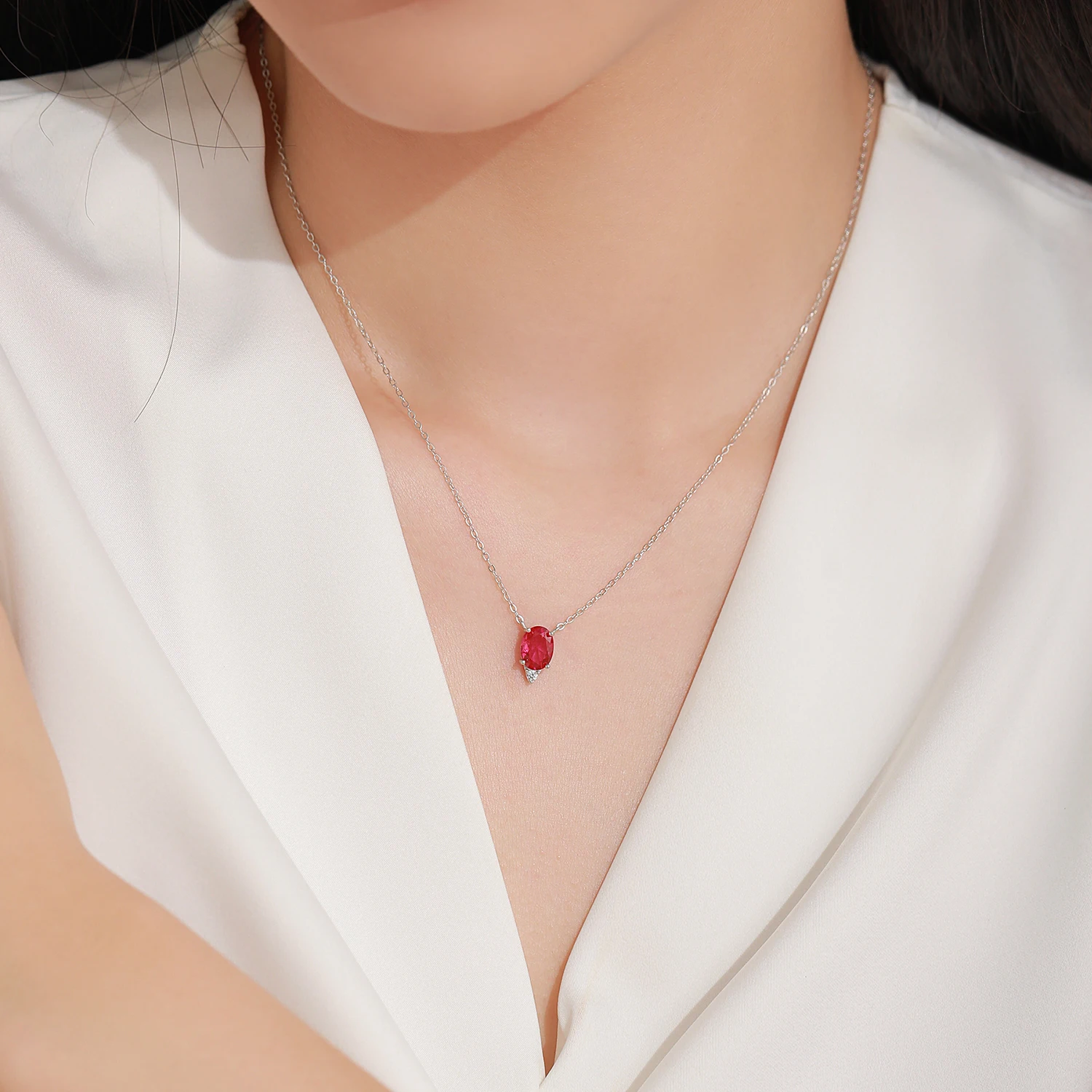 Ailmay 925 Sterling Silver Blood Red  Zircon Necklace Oval Pendant Necklace For Women Halloween Witch Vintage Jewelry